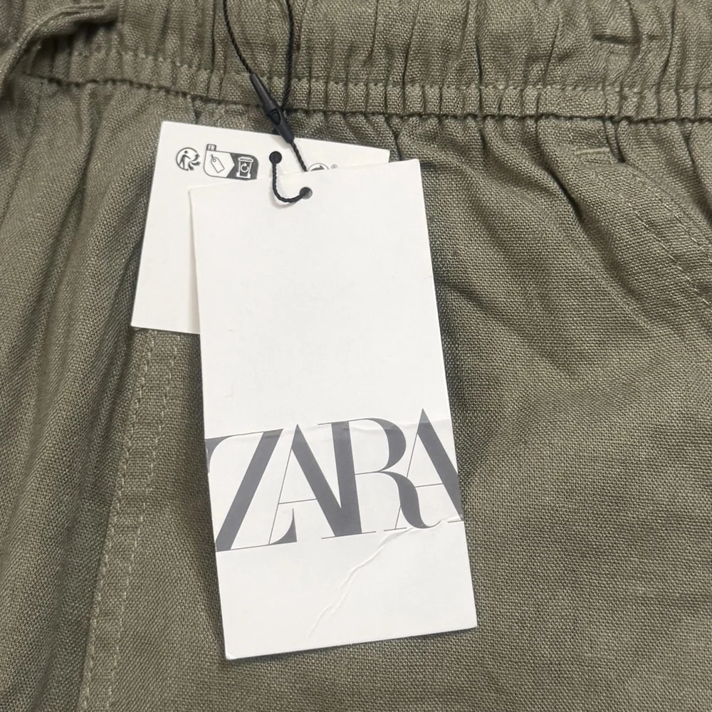 NWT Zara Linen Blend Cargo Pants Size:L Pockets Pull On women Olive Lightweight